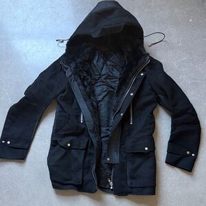 Kooples Men’s black wool winter jacket with fur lining Small/Medium